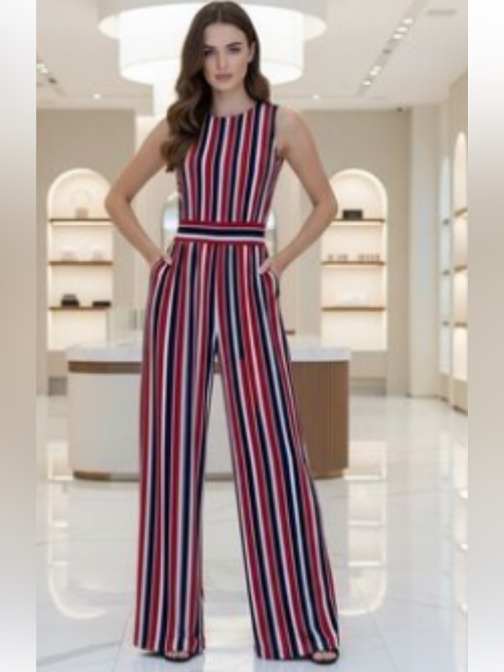 EXPRESS Red, Black & White Striped Wide-Leg Jumpsuit